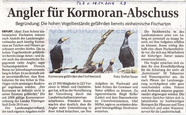 Angler für Kormoranabschuß - TLZ v. 18.04.2016 - kl.