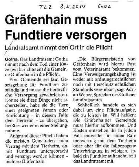 Gräfenhain muß Fundtiere versorgen - TLZ v.03.05.2014_01 - kl.